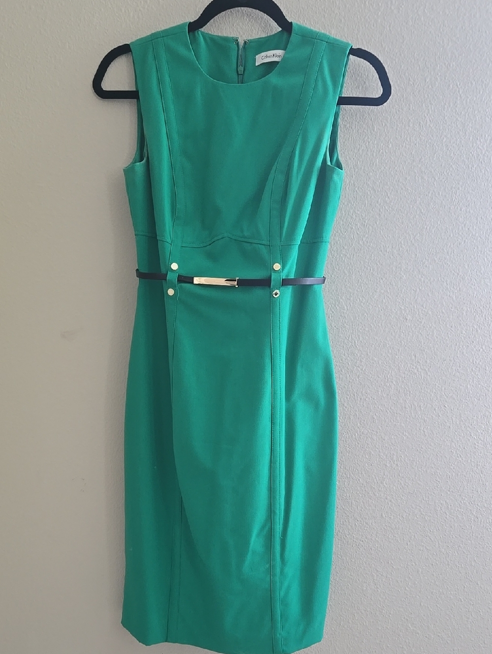 Calvin Klein Teal Sheath Dress with Black Belt and Gold Accent